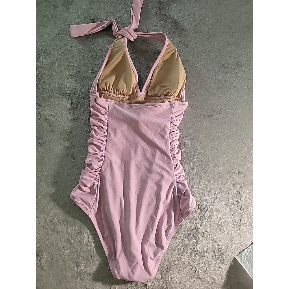 J. Crew Swimsuit Women's Size 0 Pink Ruched V-Neck One-Piece Tie Around Neck - Picture 3 of 4